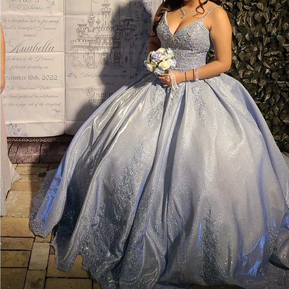 Gorgeous long train Icy blue dress, only worn once and dry cleaned immediately! - Picture 1 of 4